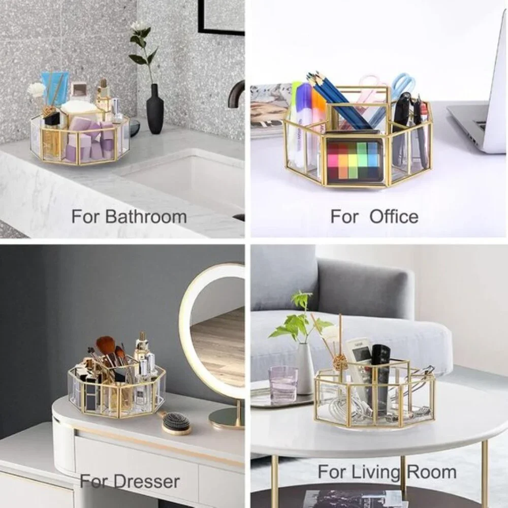 360° Rotating Glass Makeup Organizer, Gold 5-Slot Vanity Storage for Cosmetics